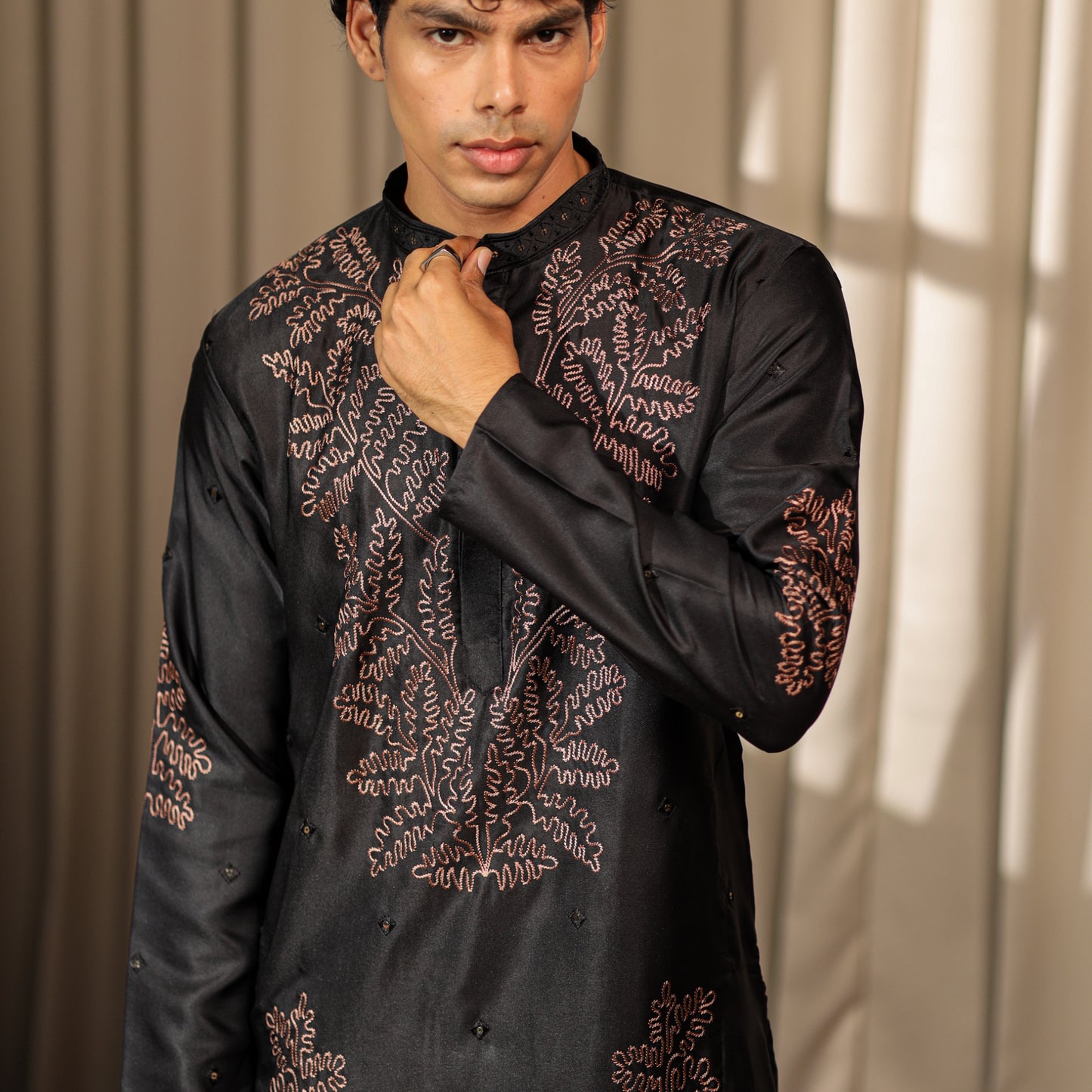 Ethnic Dreams Black Work Greek Satin Embroidered Kurta For Festive