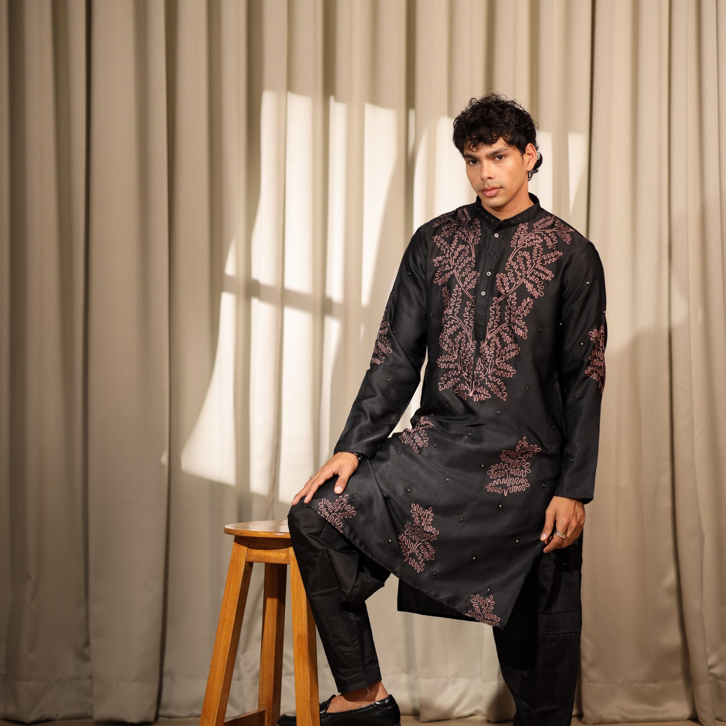 Ethnic Dreams Black Work Greek Satin Embroidered Kurta For Festive