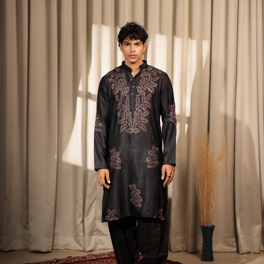 Ethnic Dreams Black Work Greek Satin Embroidered Kurta For Festive