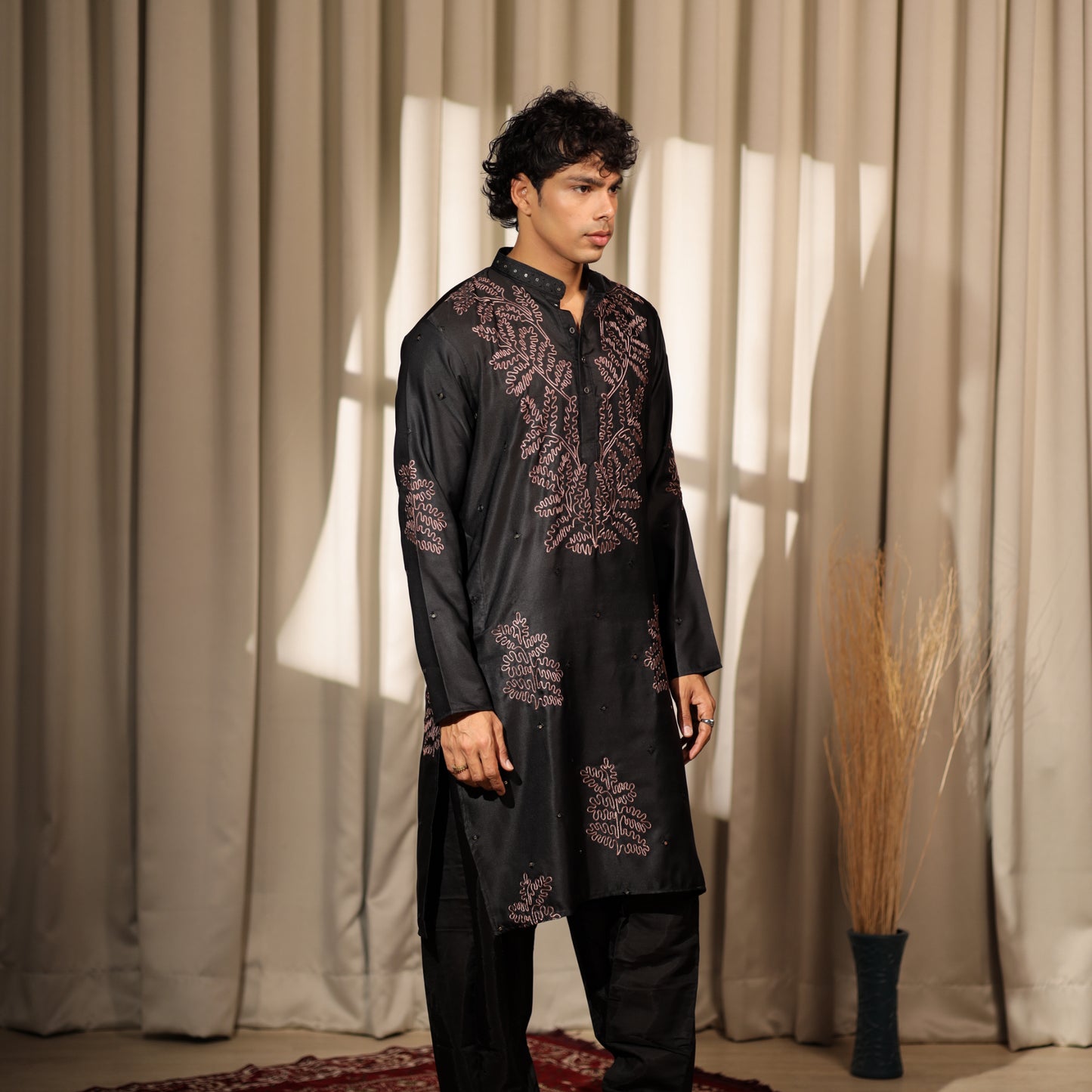 Ethnic Dreams Black Work Greek Satin Embroidered Kurta For Festive