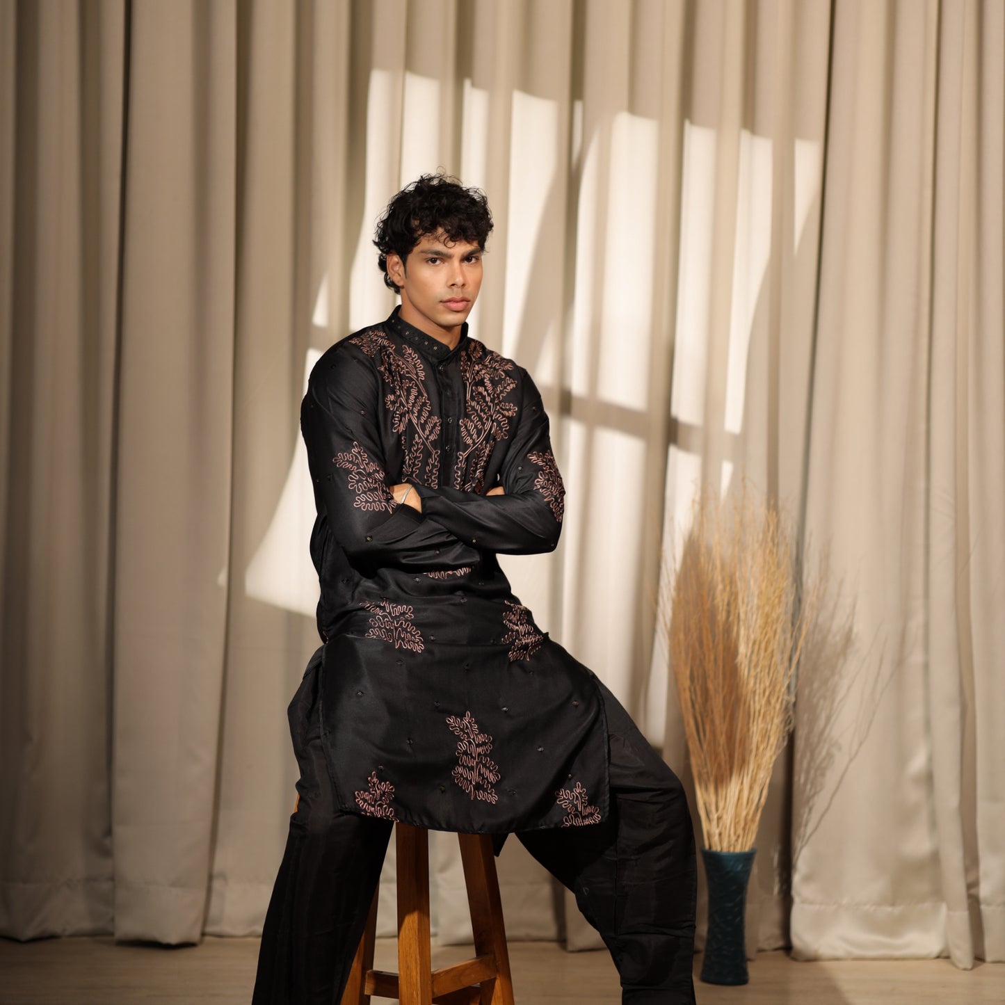Ethnic Dreams Black Work Greek Satin Embroidered Kurta For Festive