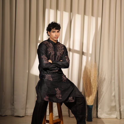 Ethnic Dreams Black Work Greek Satin Embroidered Kurta For Festive